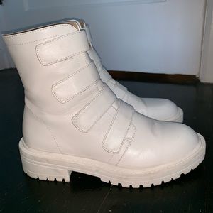 white velcro strap biker boot